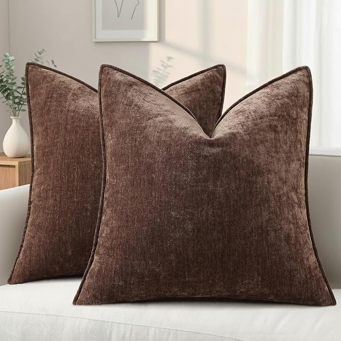 decorUhome Chenille Dark Brown Velvet Throw Pillow Covers 20x20 Set of 2 | Fall Soft Couch Decorative Modern Farmhouse Pillow Cases with Elegant Design for Sofa Bed Living Room Home Decor