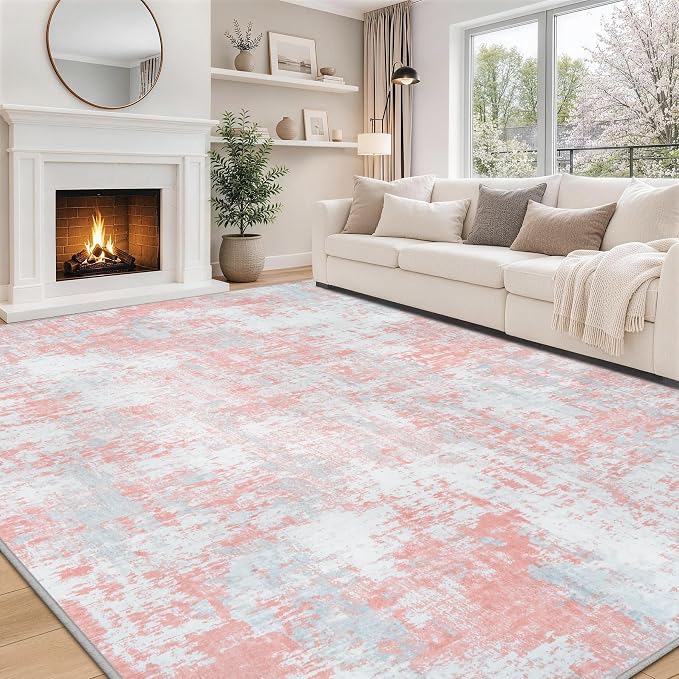 Pink Rug Carpet 8x10 Area Rugs for Bedroom Girls: Washable Modern Rug for Living Room Dining Room Non Slip Low Pile 8 by 10 Indoor Abstract Home Office