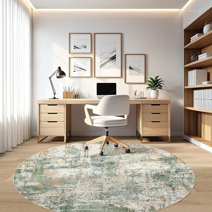 7ft Round Rug Living Room Rugs: 7x7 Washable Circle Large Abstract Modern Soft Stain Resistant Non-Slip Indoor Floor Carpet for Bedroom Nursery Office Dining Room Playroom Home House- Green