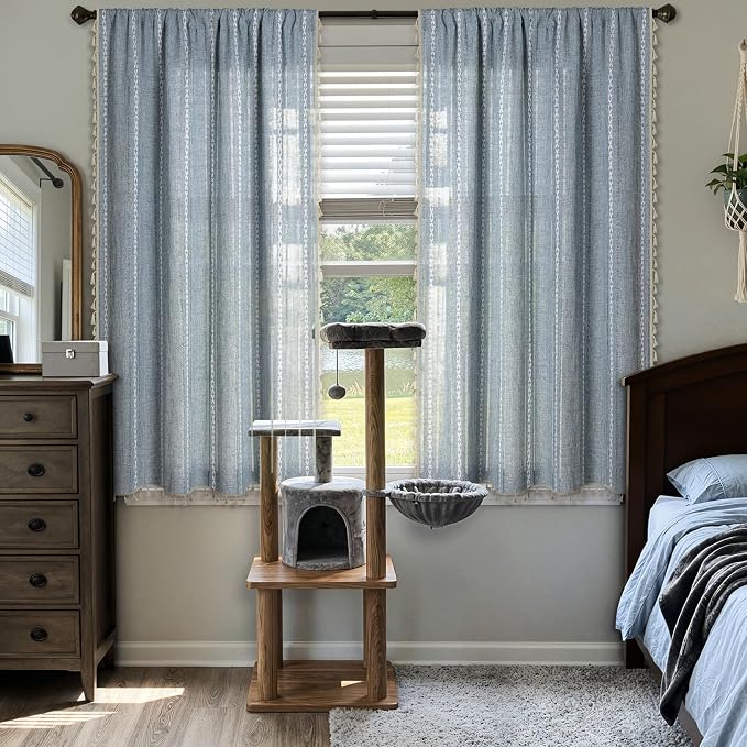 ColorBird Blue Boho Curtains Linen-Textured for Living Room Bedroom Light Filtering 2 Panels 63 Inch Farmhouse Embroidered Striped Curtains & Drapes for Dining Room Kitchen Window Treatments