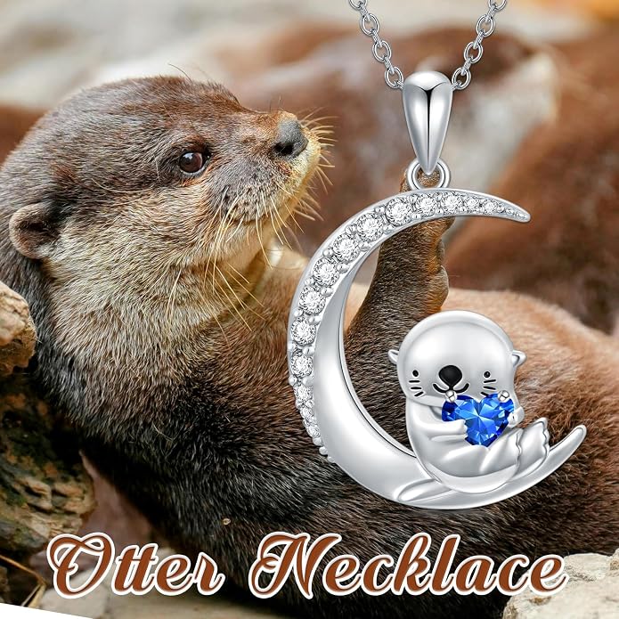 PROESS Animal Birthstone Necklace 925 Sterling Silver Otter/Axolotl/Hippo/Elephant/Dachshund/Monkey/Red Panda Pendant Necklace Animal Birthstone Jewelry Gifts for Women