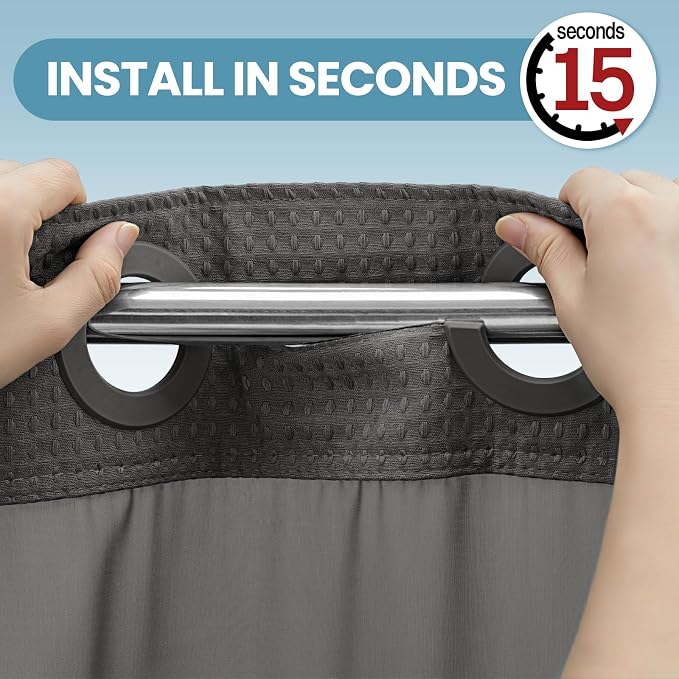 EUTXL Heavyweight Charcoal Grey No Hook Shower Curtain with Snap in Liner,256GSM Waffle Weave Shower Curtains for Bathroom,71W x 74H