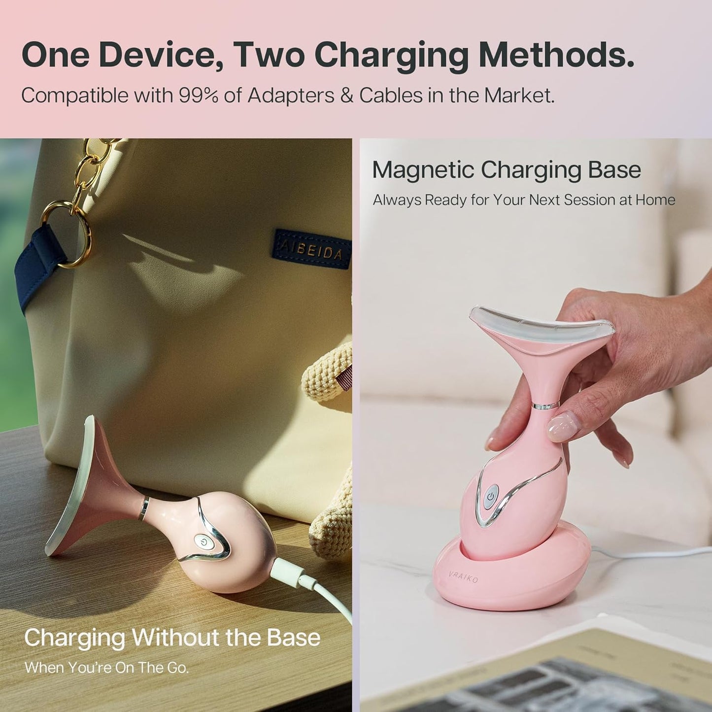 Iris Neck Face Massager, Pro Face Sculpting Tool with Charging Base, All-in-1 Facial Device for Enhanced Absorption, Radiance, Contouring, Elasticity, Home Facial Spa (Pink)