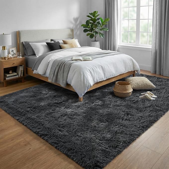 Fluffy Rugs for Living Room: Dark Grey Soft Shag Rug for Bedroom, Large Fuzzy Plush Indoor Floor Carpet Non Slip Modern Rug for Nursery Boys Girls Kids Room Playroom Dorms Home Decor, 9x11 Feet