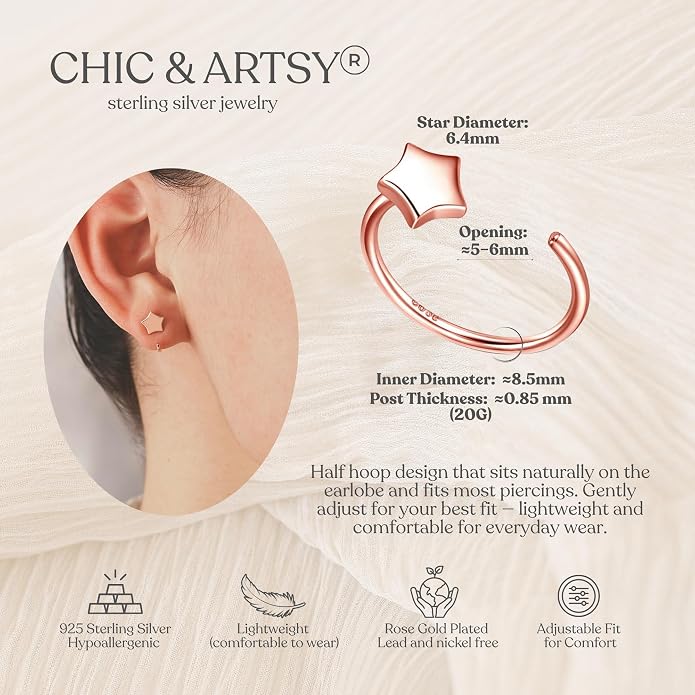 CHIC & ARTSY 925 Sterling Silver Half Hoop Earrings for Women, Small Huggie Hoops Set with Ball Bar Star Moon Cross & Pearl, Lightweight Comfort Fit Everyday & Sleep Earrings