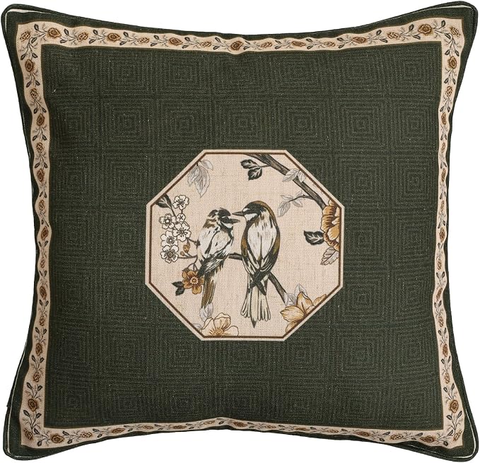 ISAENNE Vintage Elegant Linen Square Throw Pillow Cover,18"x18"-Murad E | Designer French Green Pillow Cover,Concealed Zipper Design,Floral and Bird Pattern,Sofa,Bedroom,Living Room,Lounge Chairs