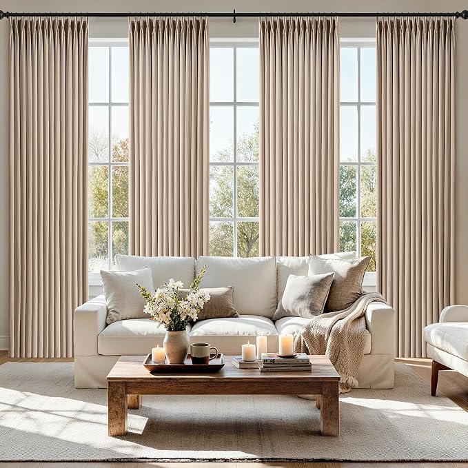 MIULEE Pinch Pleated Thick Linen Curtains 84 Inch 4 Panels Set Back Tab Memory Trained Pinch Pleat Semi Sheer Light Filtering Privacy Curtain Let Light in Window Drapes for Living Room Bedroom Taupe