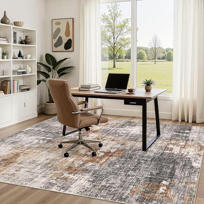 DMOYEST Area Rug Living Room Rugs - 6x9 Washable Large Soft Indoor Neutral Modern Abstract Low Pile Rug Carpet for Bedroom Dining Room Farmhouse Home Office - Grey Brown