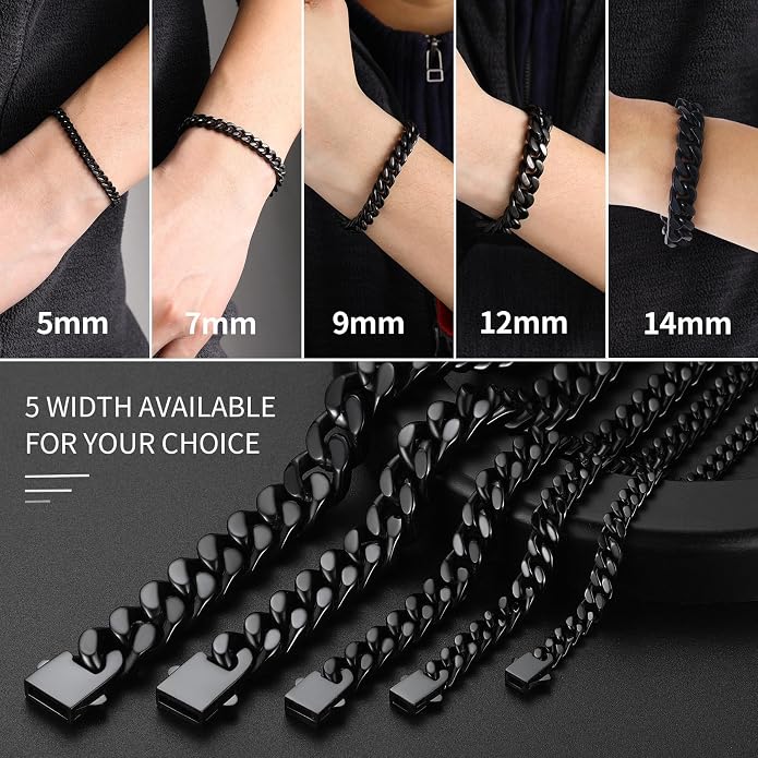 ChainsHouse Stainless Steel Cuban Link Bracelet for Men, 5mm/7mm/9mm/12mm Width, 7.5"/8.3"/9" Length, Black/18K Gold Plated Chain Wrist Bracelets for Men, with Gift Box