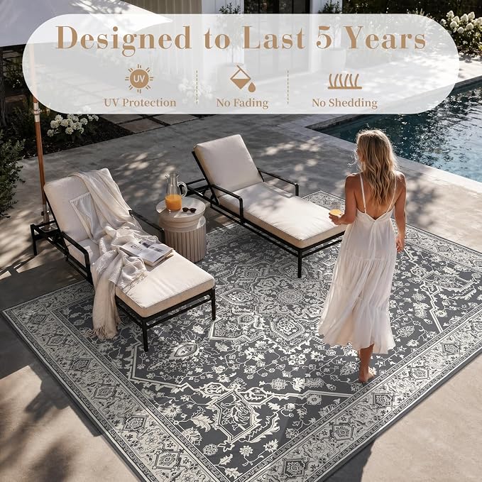 AMOAMI-Outdoor Rug-Patio Rug 9x12 ft Quick Dry Flatweave Textured Machine Washable Outdoor Carpet with Rubber Backing Vintage Outdoor Area Rug for Patio Deck Front Porch Balcony Greyish Black