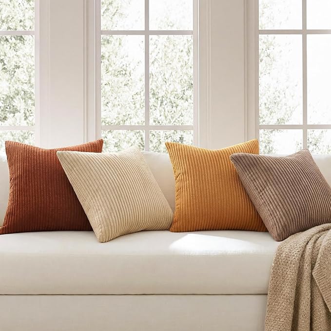 Topfinel Yellow Brown Throw Pillow Covers Rustic Modern Soft Corduroy Striped Decorative Cushion Cover 16x16 Inch Gradient Farmhouse Pillow Case Set of 4 for Sofa Couch Living Room Bedroom