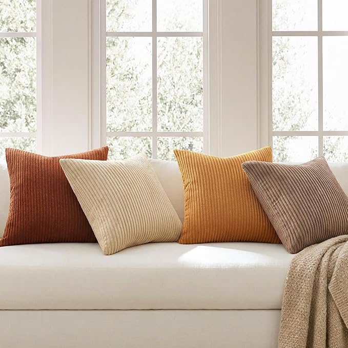 Topfinel Yellow Brown Gradient Rustic Pillow Case Boho Throw Pillow Covers 22x22 Inch Set of 4 Soft Farmhouse Corduroy Striped Decorative Cushion Cover for Sofa Couch Living Room Bedroom