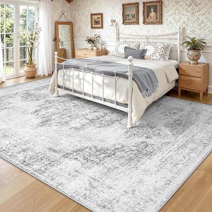 9X12 Area Rugs for Living Room, Washable Rugs Gray Vintage Medallion Non-Slip Soft Low Pile Rug Large Indoor Retro Carpet for Bedroom Dining Room Home Office Nursery Room(Gray,9'x12')
