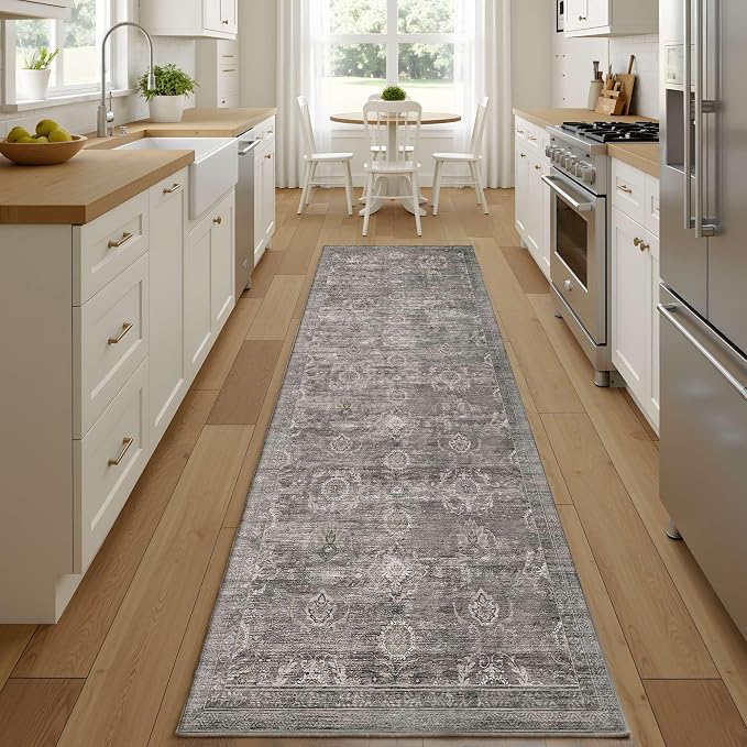 Rugxara 2'6''x8' Washable Runner Rug for Hallway Kitchen, Taupe/Grey | Non Slip, Runner Rug for Entryway Bedroom Laundry Room Bathroom, Stain Resistant, Soft, Low Pile, Vintage Boho Retro Carpet