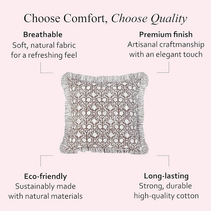 CPC Mocha Regal Hand Block Print 100% Cotton Ruffle Throw Pillow Cover 24x24 inch with Hidden Zipper Decorative for Couch, Bed, Sofa, Farmhouse, Cottagecore Decor Gift Christmas Fall Thanksgiving