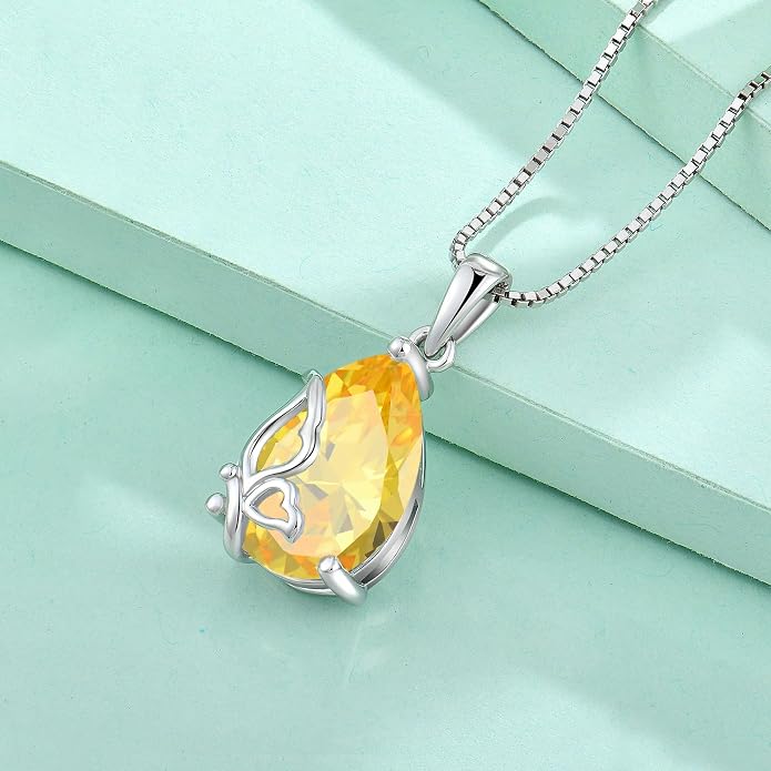 Teardrop Necklace 925 Sterling Silver Butterfly Pendant Necklace Birthstone Jewelry for Women
