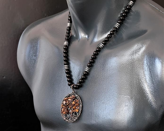 ElisaJewelryArt - Natural Amethyst Big Tree Of Life Pendant Black Onyx Stone Beaded Necklace Genuine Gemstone Feng Shui Stone Clasp Closure Necklace Unisex Necklace