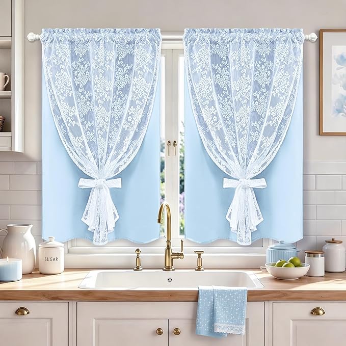 Yinhua Blue Kitchen Curtains 36 Inch Length Double Layer Blackout Cafe Curtains with Floral Sheer Overlay Rod Pocket Short Curtain for Windows, Small Window Curtain for Bathroom, Living Room, 2 Panels