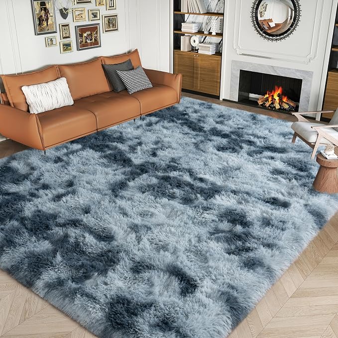 9x12 Area Rugs for Living Room, Dark Blue Tie-Dyed Plush Fluffy Carpet | Upgrade Non-Slip Thick Large Blue Area Rug for Nursery Kids Room Dorm Room Home Decor, Indoor Plush Floor Carpet