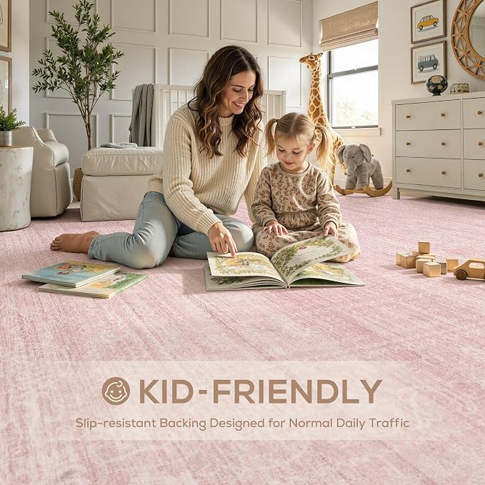 Nakagishi 5X7 Area Rugs Living Room: Washable Large Vintage Rug Neutral Non-Slip Soft Stain Resistant Indoor Carpet for Bedroom Nursery Dining Room Office Playroom - Pink
