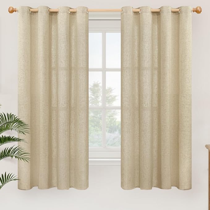 YoungsTex Grommet Linen Curtains 63 Inch Length 2 Panels for Living Room, Burlap Light Filtering Drapes No See Through for Bedroom Farmhouse, 52 X 63 Inch