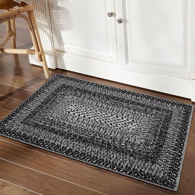 RUGSREAL Entryway Rug 2x3 Small Bedside Throw Mat with Rubber Backing Machine Washable Living Room Rug Non Slip Bathroom Mat Stain Resistant Braided Print Carpet for Dining Room Kitchen Hallway, Black