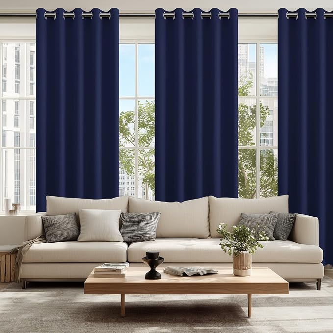 Hiasan Blackout Curtains for Bedroom, 60 x 84 Inches Long - Thermal Insulated & Light Blocking Window Curtains for Living Room, 2 Drape Panels Sewn with Tiebacks, Navy Blue