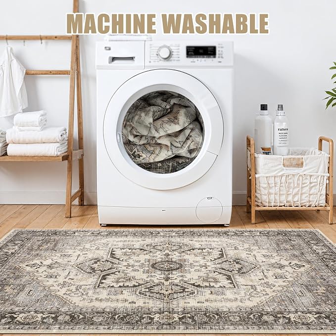 Area Rug for Living Room - 8x10 Soft Machine Washable Oriental Vintage Floral Distressed Large Indoor Floor Carpet for Bedroom Under Dining Table Home Office Decor - Grey Brown