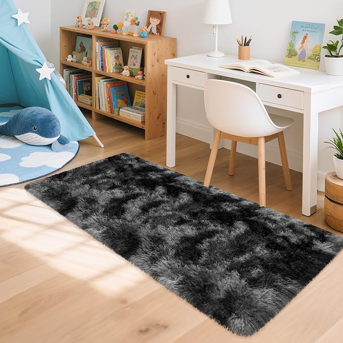 2x5 Feet Tie-Dye Black Grey Runner Rug for Bedroom Bedside, Soft Fluffy Shag Carpet Runner for Hallway, Machine Washable Rug for Living Room, Kids Room Boys, Dorm, Nursery, Home Decor
