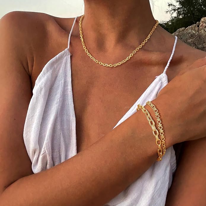 Dremmy Studios Gold Bracelet for Women 18K Gold Plated Dainty Paperclip Cubic Zirconia Disc Coin Star Cable Satellite Bead Pearl Simple Boho Minimalist Stacking Layered Link Jewelry Gift