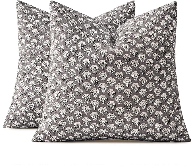 MIULEE Set of 2 Decorative Floral Pillow Covers Neutral Vintage Throw Pillows Block Print Boho Farmhouse Cushion Covers for Modern Home Decor Couch Sofa Bed Living Room, 22x22 Inch, Stone Grey