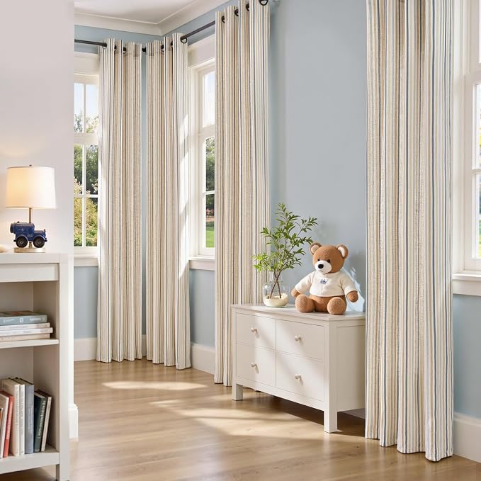 jinchan Linen Curtains 84 inch Blue Stripe for Kids Room Grommet 2 Panels | Kids Curtains for Nursery Living Room Bedroom Baby Boys Room,Cute Colorful Ticking Stripe,Cottagecore Rustic,Light Filtering