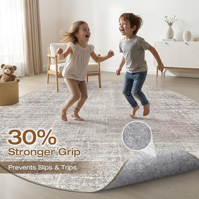7ft Round Rug Living Room: 7x7 Washable Large Neutral Circle Area Rug Abstract Soft Modern Stain Resistant Indoor Floor Non-Slip Carpet for Bedroom Nursery Kids Office Playroom Dining Room- Brown Gray