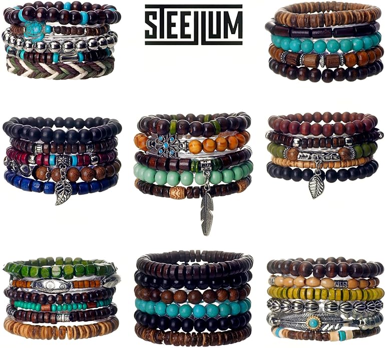 43pcs Boho Hippie Wooden Beads Bracelets unisex for Men and Woman, Gothic Punk Braclets Adjustable, Vintage Beaded Bracelet Set Style for Woman & Men Trendy, Pulseras, Stretch Bracelets Metal Set Wood Bangles Wristbands