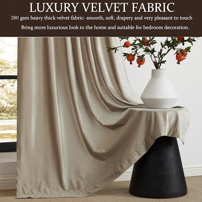 100% Full Blackout Champagne Beige Velvet Curtains 72 inch Long for Living Room,Set of 2 Liner Rod Pocket Back Tab Thermal Window Curtains Room Darkening Decorative Curtains Drapes for Bedroom