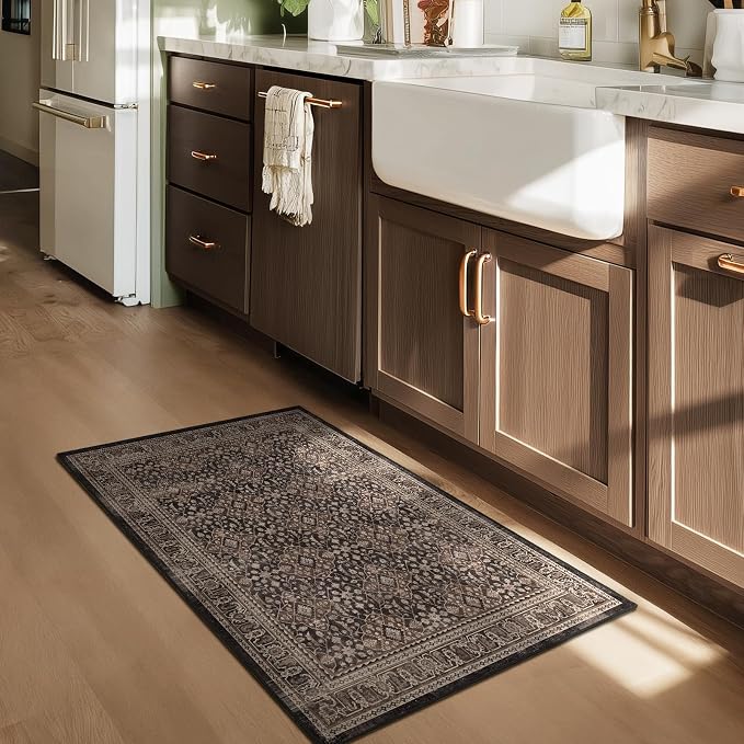 2x3 Washable Entryway Rug, Non Slip Thin Door Mat Indoor Entrance, Vintage Small Rugs for Bathroom/Kitchen/Bedroom, Moroccan Floral Trellis Entry Rugs for Inside House, Dark Wood Brown Black