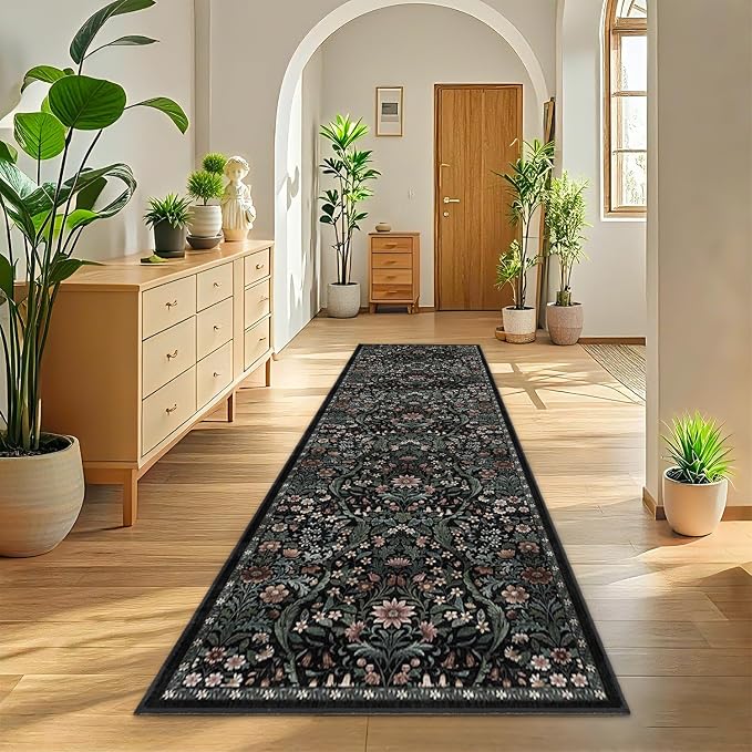 3x10 Washable Runner Rug,Black Floral Boho Area Rug for Hallway,Low-Pile Non-Slip Stain Resistant Carpet for Kitchen, Bedside,Laundry Room,Entryway