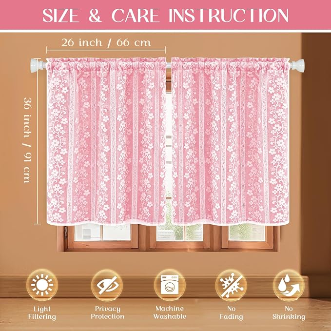 ASPMIZ Pink Kitchen Curtains Double Layer Curtains with Linen Lace, Linen Kitchen Window Curtain 36 inch Length, Farmhouse Tier Curtain with 2 Tiebacks, Rod Pocket Window Treatments for Cafe Bathroom