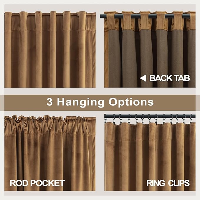 Gold Brown Velvet Curtains 96 Inches Long for Bedroom 2 Panel Back Tab Rod Pocket Vintage Heavy Thick Thermal Insulated Light Reducing Floor to Ceiling Drape for Living Room 8FT Length Noise Reducing