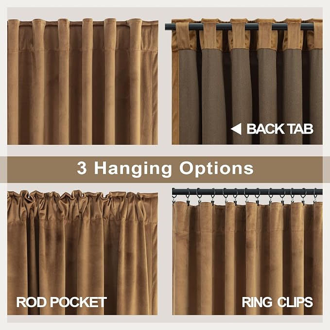 Gold Brown Velvet Curtains 102 Inches Long 2 Panels for Dining Room Darkening Floor Length Heat Blocking Decorative Drapes Cozy Luxury Bedroom Curtains for Door French Country Retro Cottage Core Decor