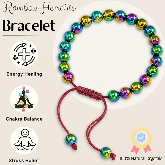 Amazing Gemstone Rainbow Hematite Bracelet, Gifts for Men & Women - Protection Healing Crystal Bracelet - 8mm Gemstone Beaded Adjustable Bracelet, Pulseras para Hombres Mujer Stocking Stuffers