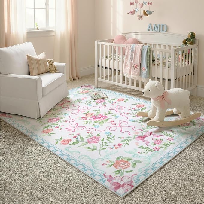 Collive Pink and Blue Floral Rugs for Girls, 5x7 Boho Bow Washable Area Rug for Living Room, Cute Ultra-Thin Non Slip Indoor Decor Carpet for Nursery Kids Room Bedroom Playroom