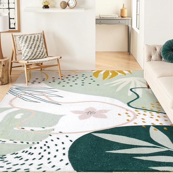 Lahome Green Machine Washable Rugs - 6x9 Rug for Living Room Non-Slip Large Boho Area Rug Lightweight Throw Non-Shed Dining Room Rug, Soft Botanical Print Floor Carpet for Bedroom Classroom Office