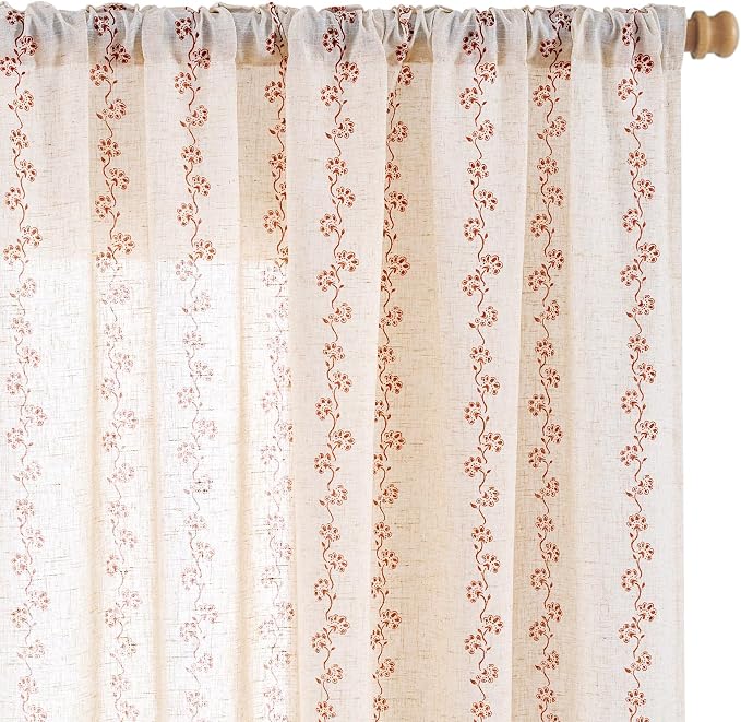 Lazzzy Cathy Linen Floral Curtains 63 inch Length for Kitchen Cute Privacy Curtains for Kids Room Rod Pocket Back Tab Light Filtering Drapes Farmhouse Cottagecore Decor 50"x63" Terracotta on Linen
