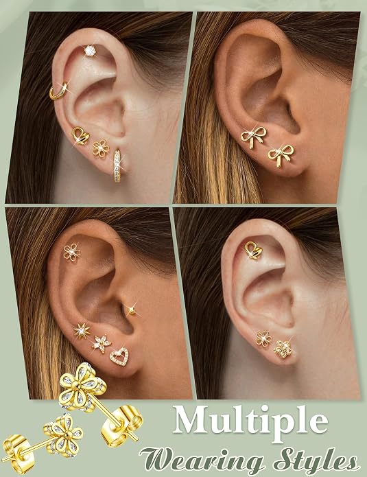 LOYALLOOK Stud Earrings for Women Hypoallergenic, 14K Gold Plated Surgical Steel Earrings for Sensitive Ears Women Dainty Small Heart Flower Bow Earrings for Jewelry Gift