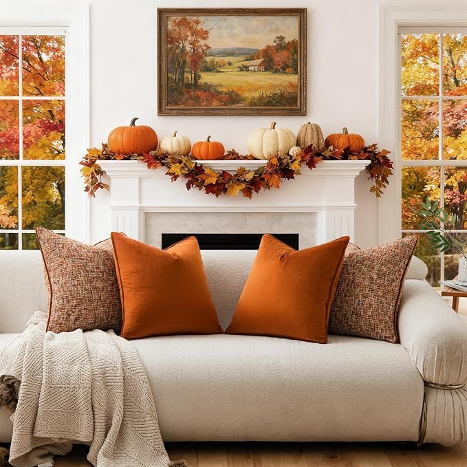 a moment Fall Orange 4 Pack Throw Pillow Covers - Chenille & Velvet Set with Piping, Farmhouse Textured Design Cushion Cases for Couch Sofa Bed (18x18 Inch, No Insert)