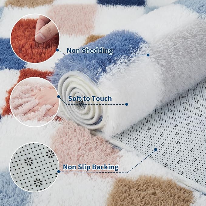 Garvee Washable Checkered Rug 5x8 Plush Fuzzy Rugs for Bedroom Thick Shaggy Rug Clearance,Rainbow Modern Shag Rug Super Soft Indoor Fuzzy Carpet Non-Slip Plush Rugs for Dorm Home Aesthetic Decor