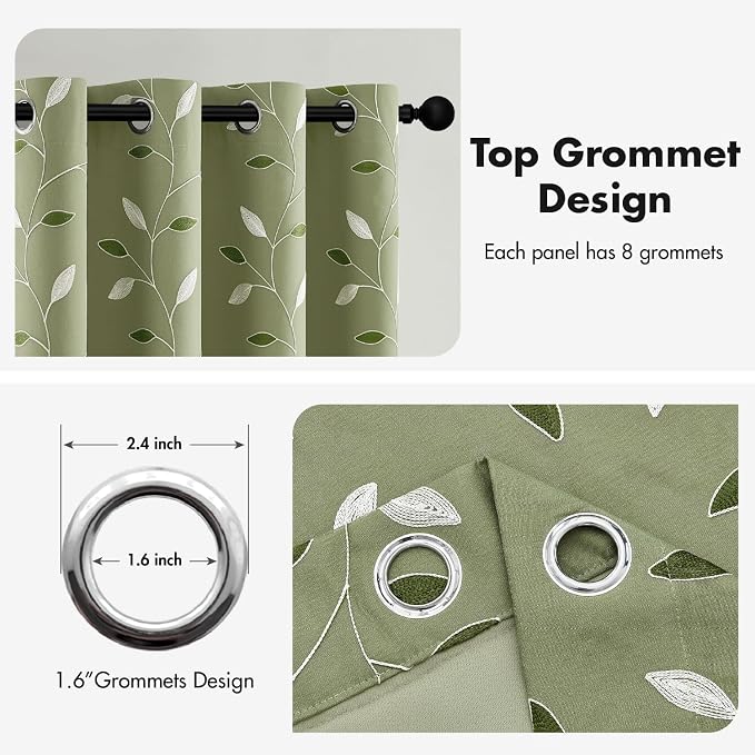 MIULEE Sage Green Double Layer Curtains 63 Inches Long, Leaf Patterned Sheer Floral Drapes and Blackout Room Darkening Window Curtains for Living Room Bedroom, Grommets Top, 52" W x 63" L, 2 Panels