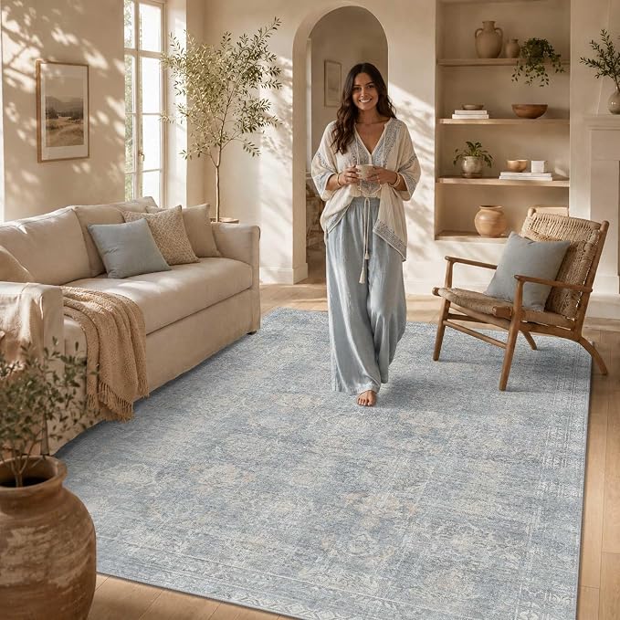 Rugxara 5x7 Area Rugs Washable Rug for Living Room Bedroom, Blue/Beige | Non Slip, Rug for Dining Room Dorm Office Farmhouse, Stain Resistant, Soft, Vintage Boho Carpet, Low Pile, Home Decor