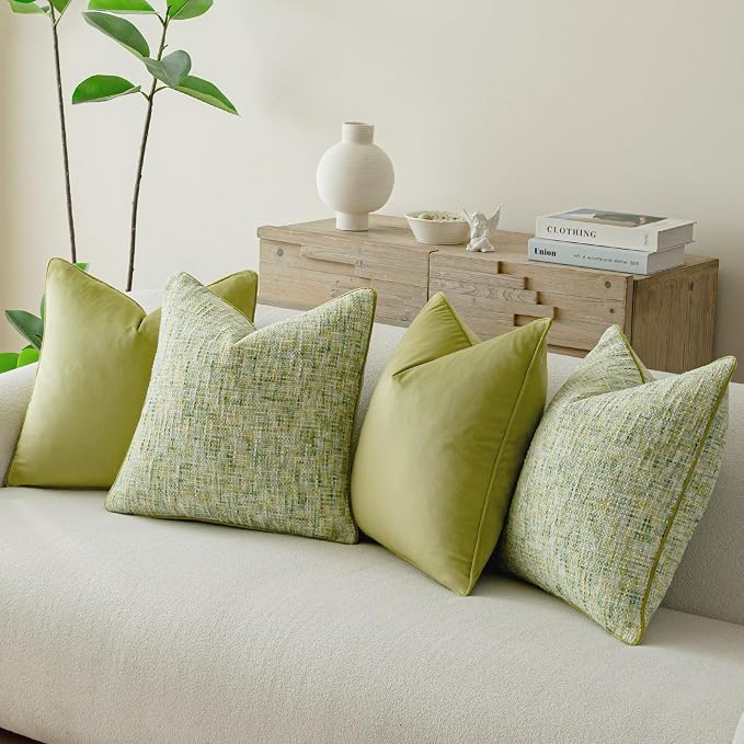 a moment Green 4 Pack Throw Pillow Covers - Chenille & Velvet Set with Piping, Farmhouse Textured Design Pillow Cases for Couch Sofa Bed Livingroom (18x18 Inch, No Insert)